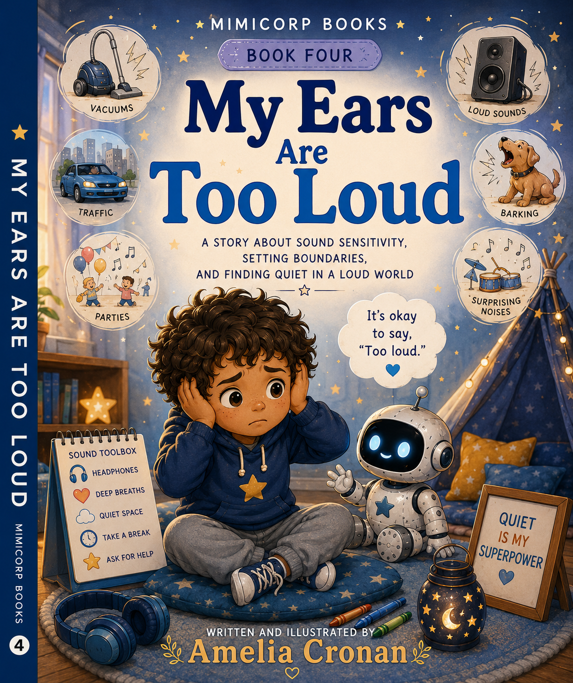 Color cover of MY EARS ARE LOUD by Amelia Cronan, showing a child covering their ears beside a small robot
