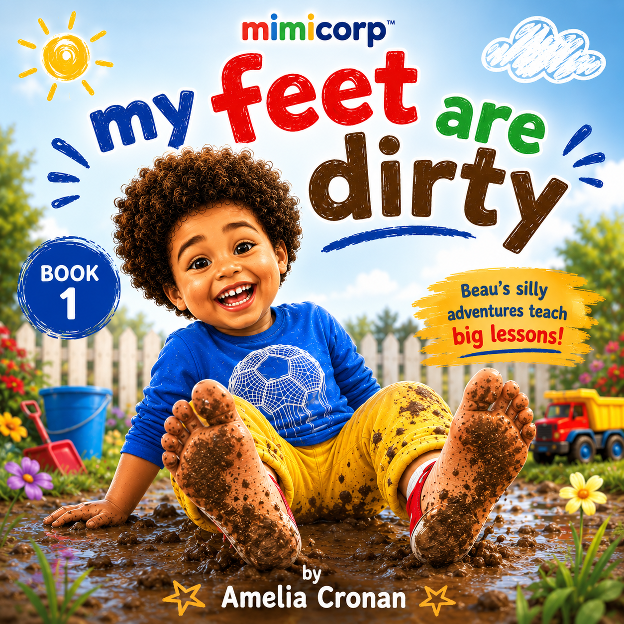 Color cover of MY FEET ARE DIRTY by Amelia Cronan, showing Beau sitting outside with dirty feet
