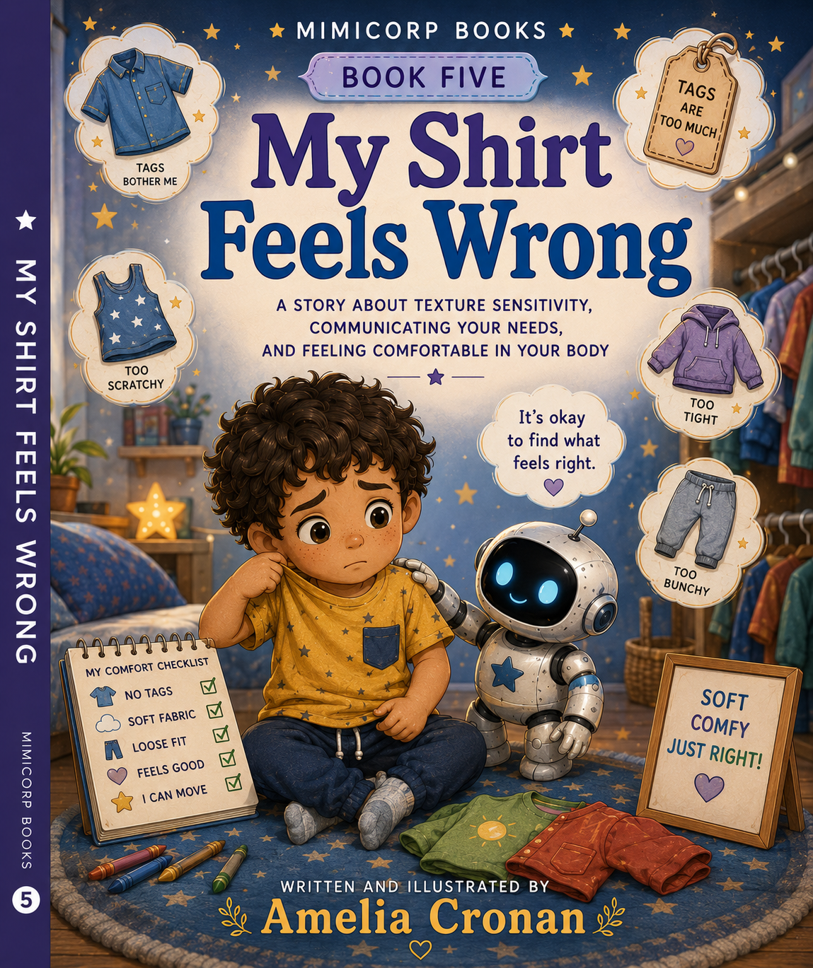 Color cover of My Shirt Feels Wrong by Amelia Cronan, showing a child, a small robot, clothing choices, and a comfort checklist