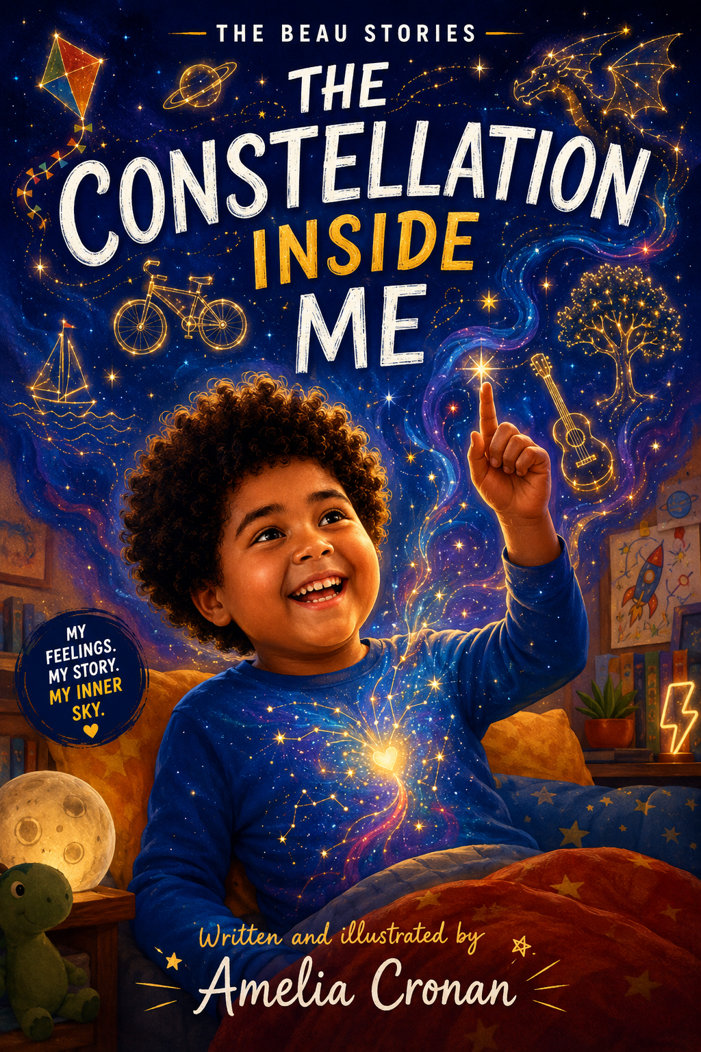 Cover of The Constellation Inside Me by Amelia Cronan, showing Beau pointing toward glowing constellations