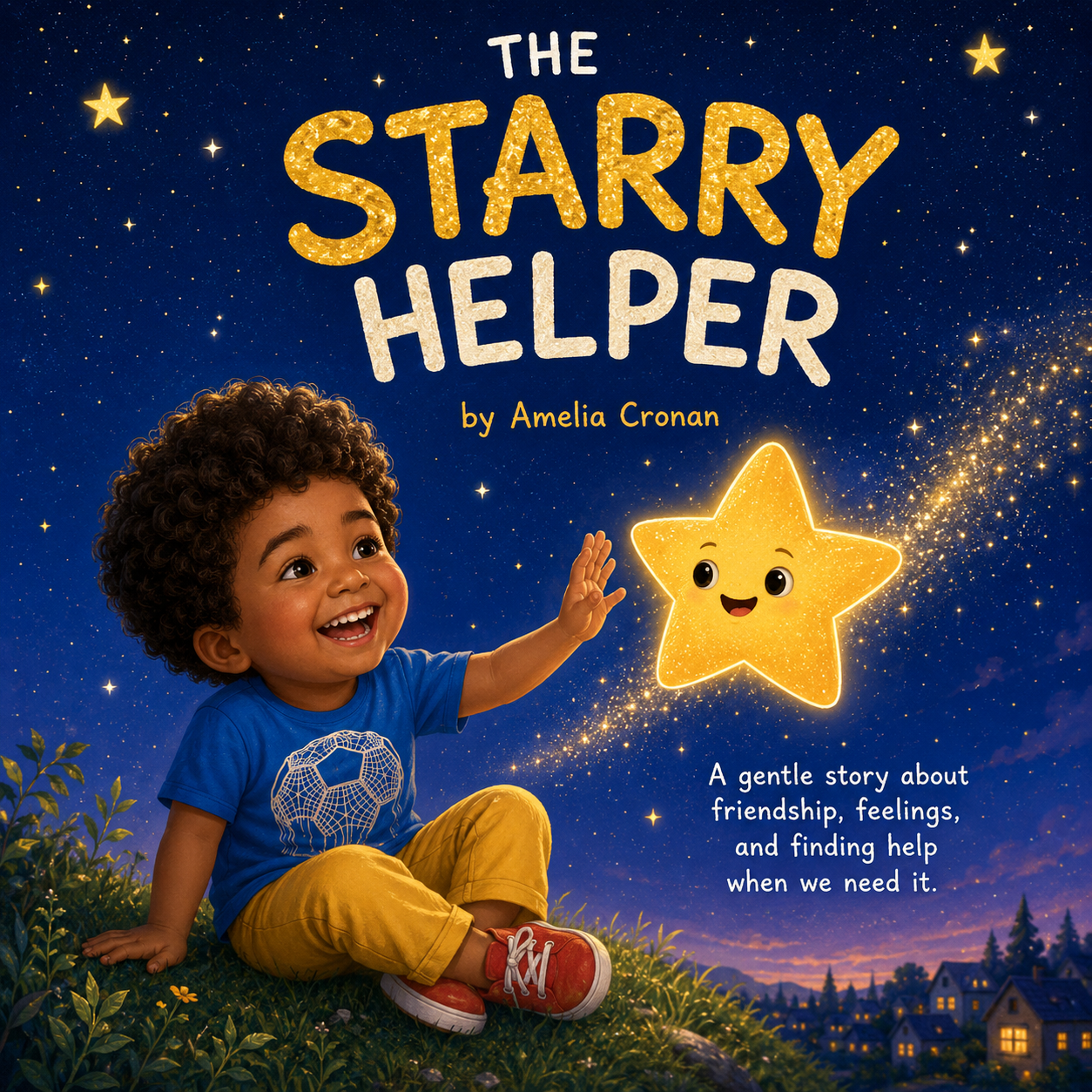 Color cover of The Starry Helper by Amelia Cronan, showing Beau reaching toward a glowing star